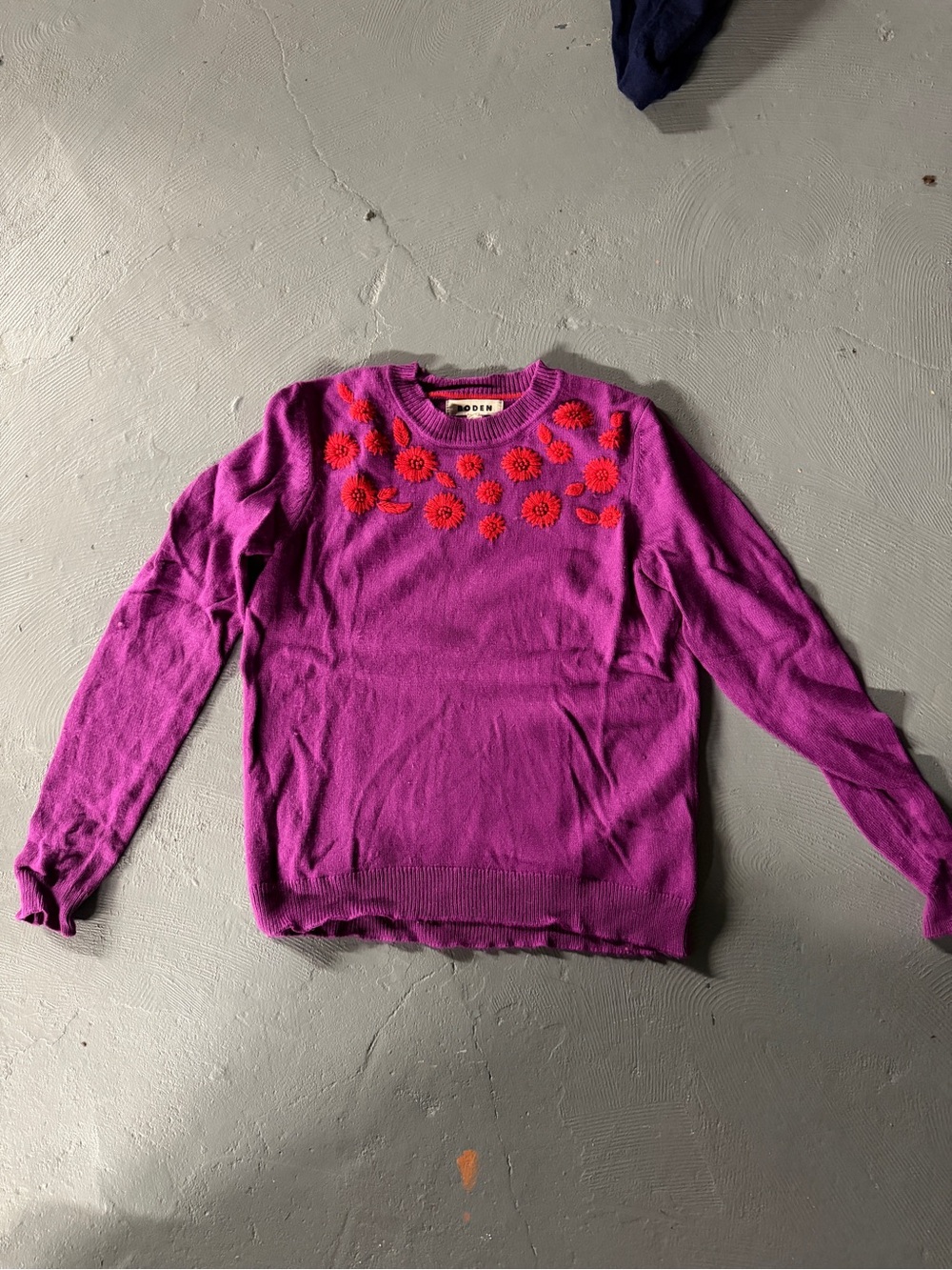 Boden Purple Crewneck Sweater with Pink Floral Embroidery